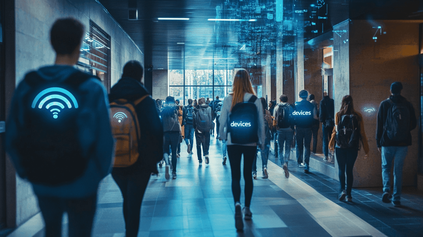 Studenter i en universitetskorridor med visuelle symboler for wifi og digitale enheter