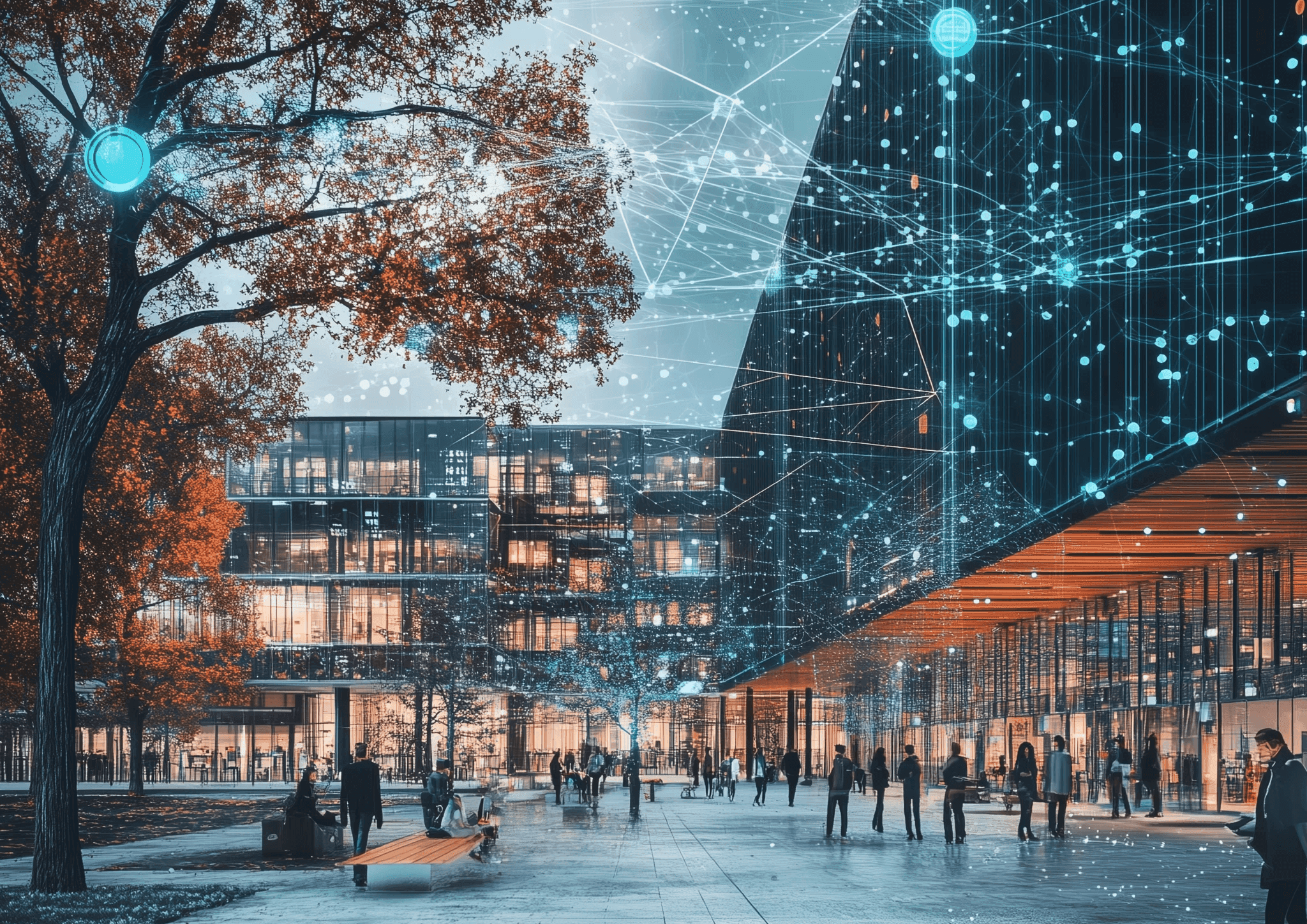 Moderne campus med glassbygninger, mennesker og digital nettverksgrafikk lagt over bildet