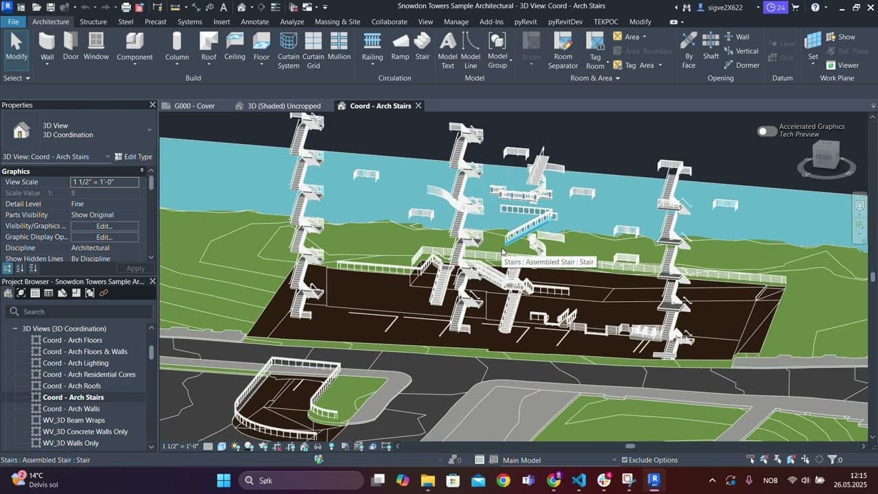 Skjermbilde fra en Revit-prototype som viser trapper og modellgeometri brukt til tidlig regelsjekk