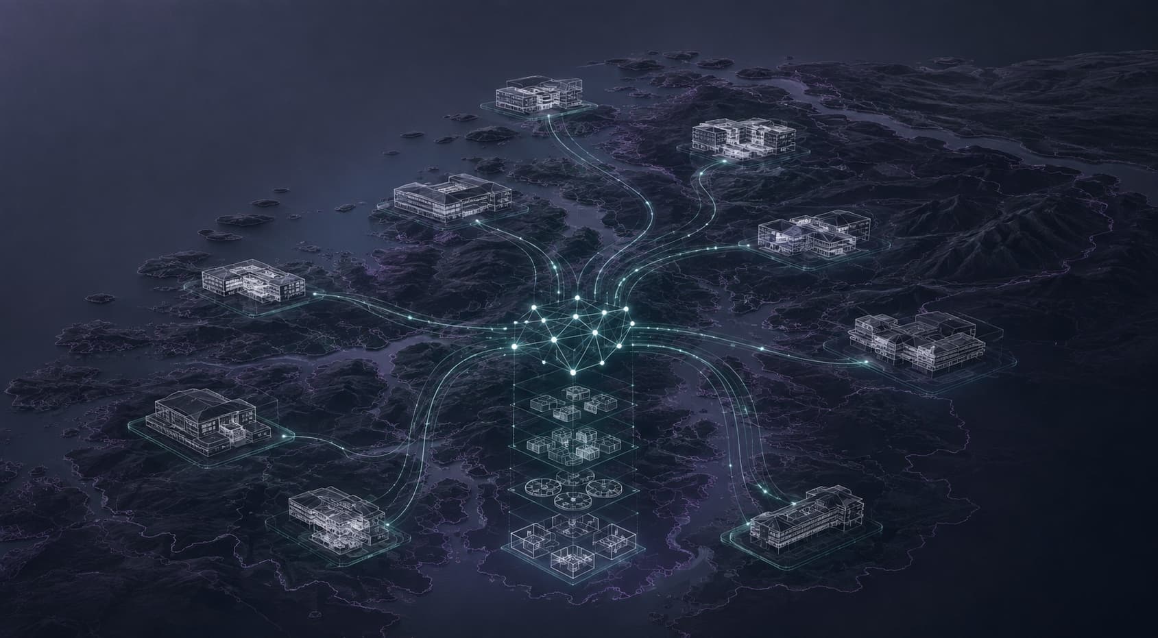Teknisk illustrasjon av skoler og BIM-modeller i Møre og Romsdal koblet til én felles digital tvilling