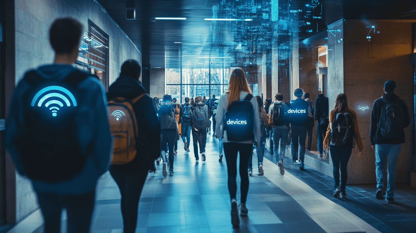 Studenter i en universitetskorridor med visuelle symboler for wifi og digitale enheter